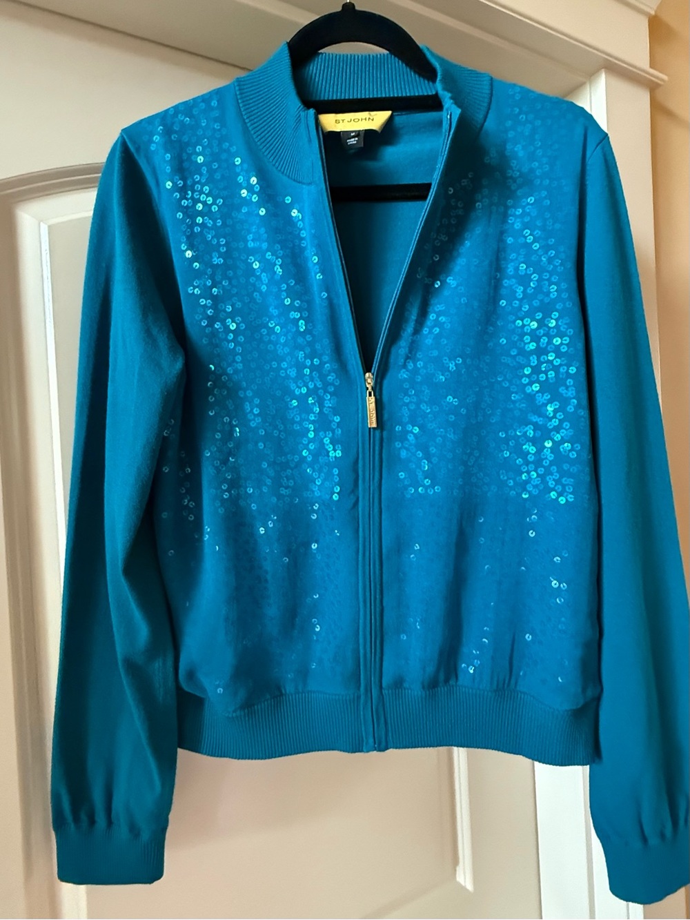St. John Teal Sequin Zip Bomber Sz M Jacket Coat Luxury Maximalist Grandma